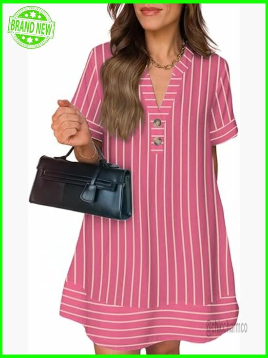Dresses & Skirts - Womens Casual V Neck Short Sleeve Striped Swing Dress with Pockets